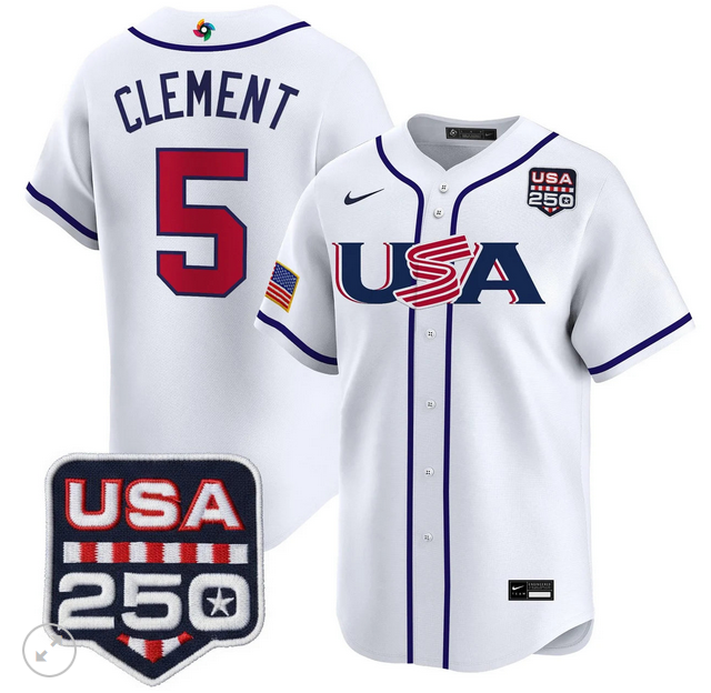 Men Team USA World Baseball Classic 250 America Patch #5 Ernie Clement white 2026 MLB Jersey
